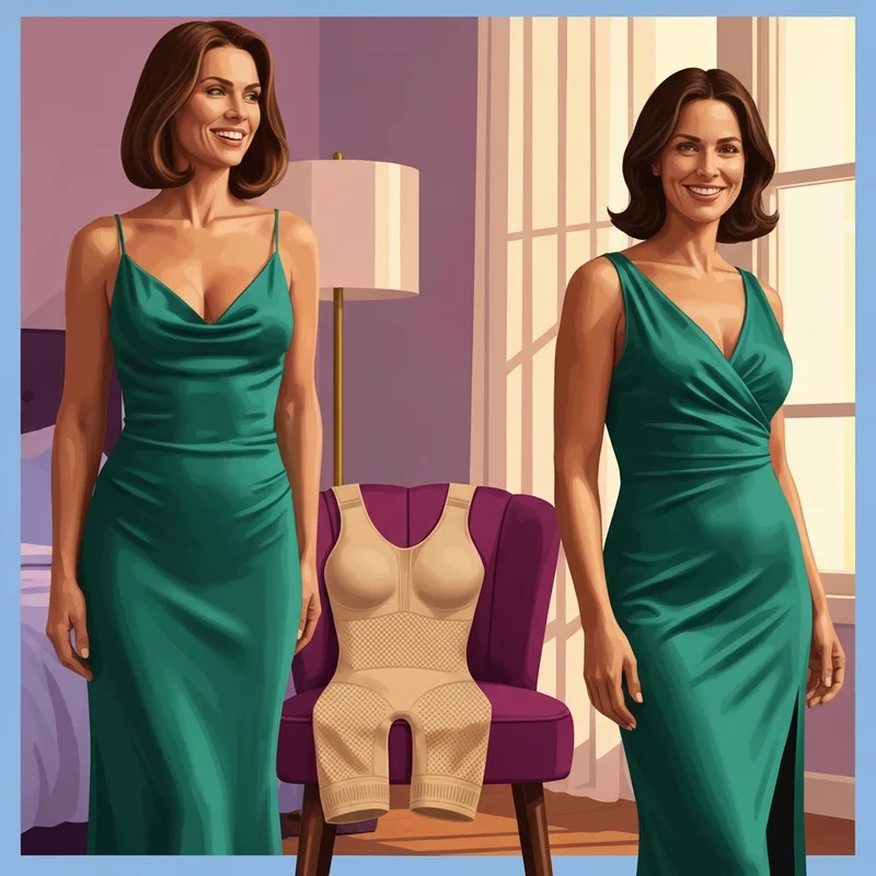 A woman looking confident in a silk dress thanks to her colombian shapewear foundation.