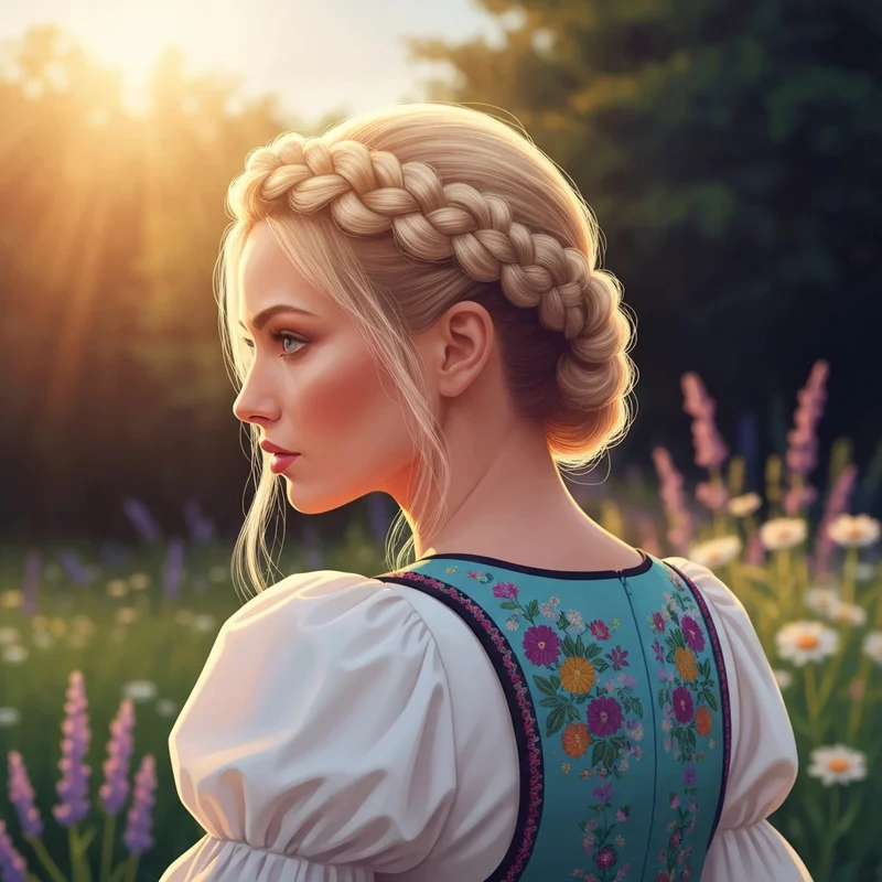 A woman showcasing an intricate German braid crown for an Oktoberfest-themed event.