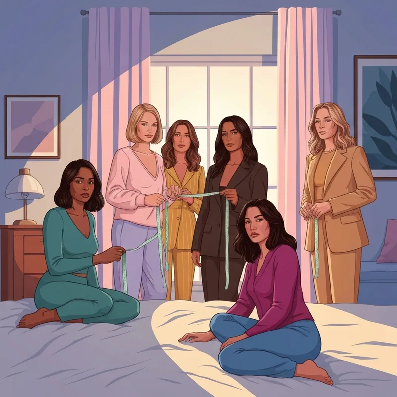 A group of friends helping each other understand how to know my bra size in a bright bedroom.