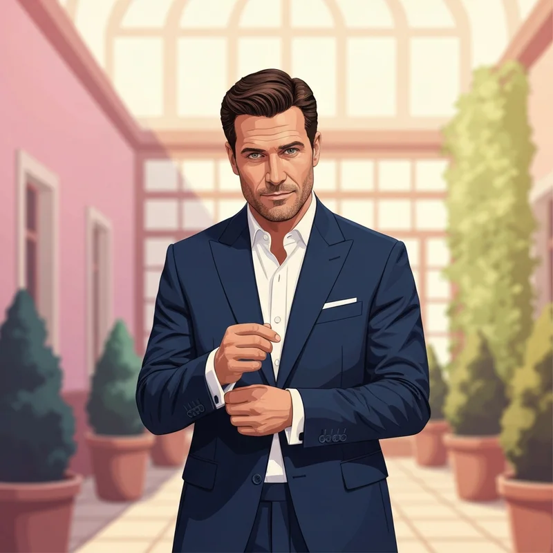 A stylish man showing how to dress as a wedding guest men in a tailored midnight blue suit.