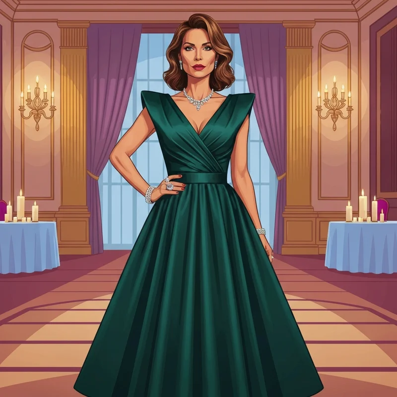 A woman wearing one of the most elegant formal wedding guest dresses midi in emerald satin.