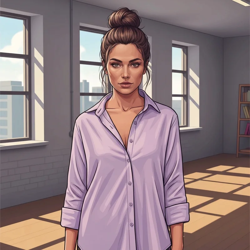 A confident woman in a silk shirt representing the freedom of no bra gifs and body autonomy.