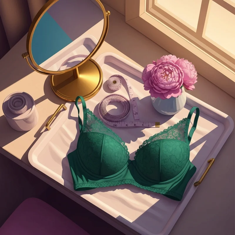 A stylish emerald green f cup bra size laying on a silk vanity tray with a measuring tape and flowers, symbolizing self-care and proper fit.