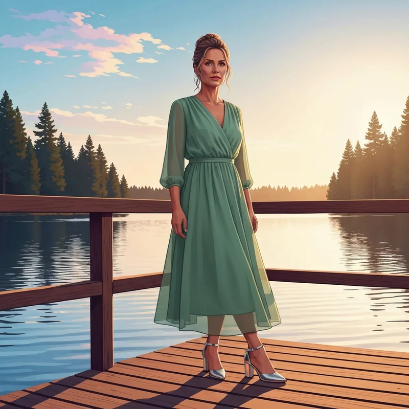 A woman wearing one of the best lakeside wedding guest dresses while standing on a dock at sunset.