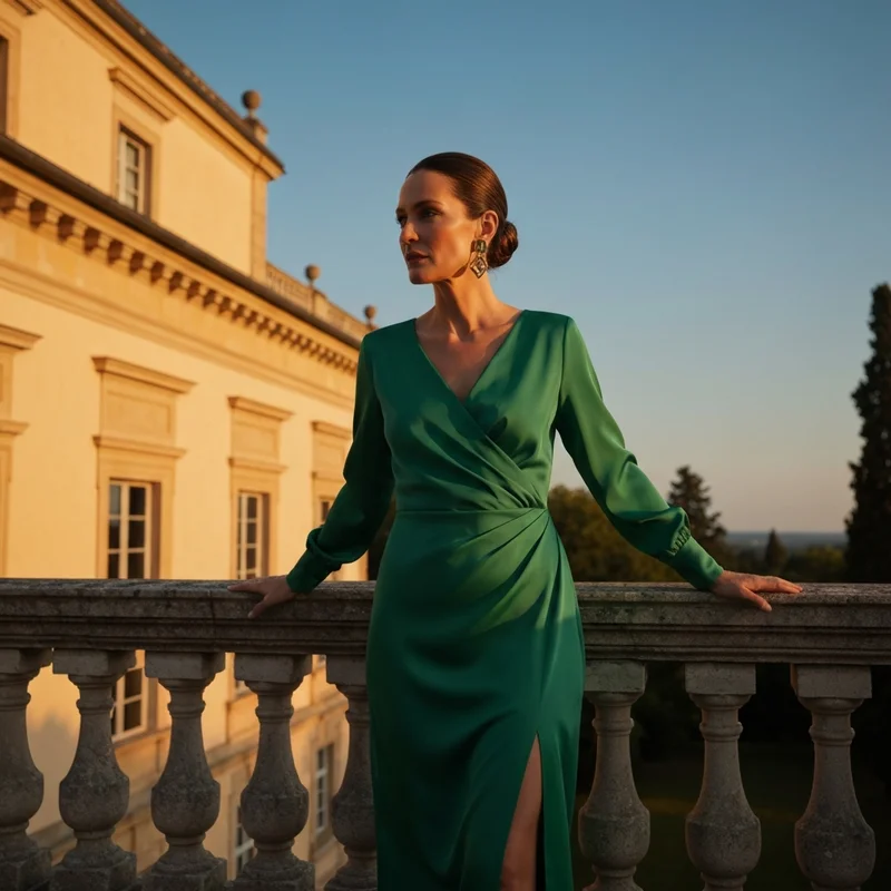 A woman wearing one of the most stylish long sleeve midi wedding guest dresses at a luxury outdoor wedding venue.
