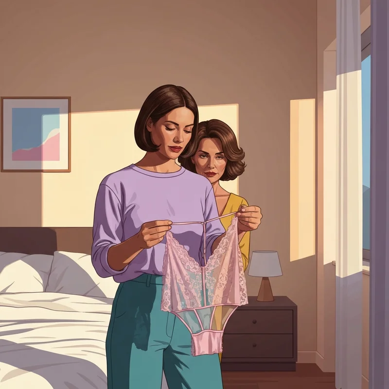 A stylish young woman holding a delicate shein bra in a sunlit bedroom setting.