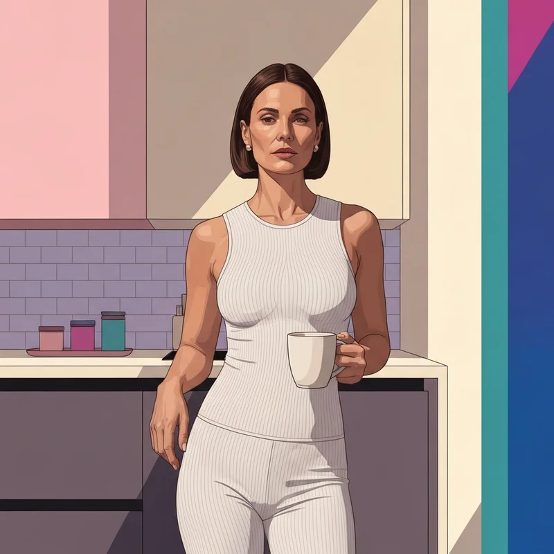 A woman wearing a white bra shirt in a minimalist kitchen setting, looking comfortable and professional.