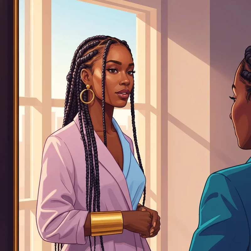 A young woman showcasing a flawless african braid style with gold accessories.