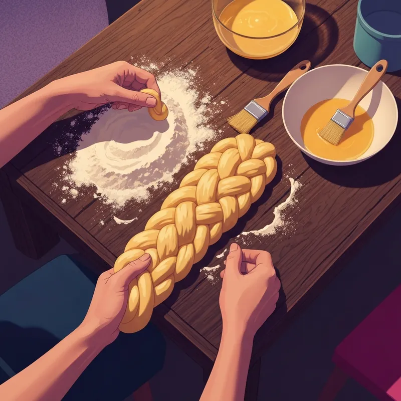 Close-up of hands learning how to braid challah bread on a rustic wooden table with flour dusting.