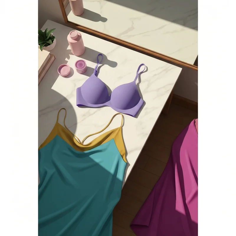 A high-quality matte silicone bra placed next to a silk dress on a luxury vanity.