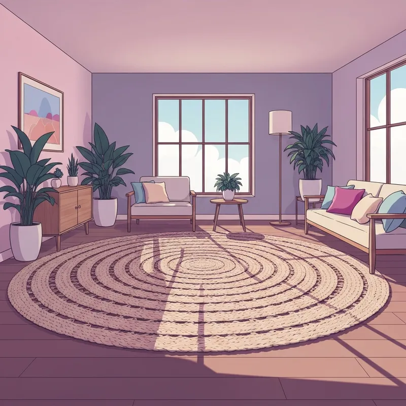 A stylish hand-woven braid rug anchoring a modern living room sanctuary during the nesting phase.