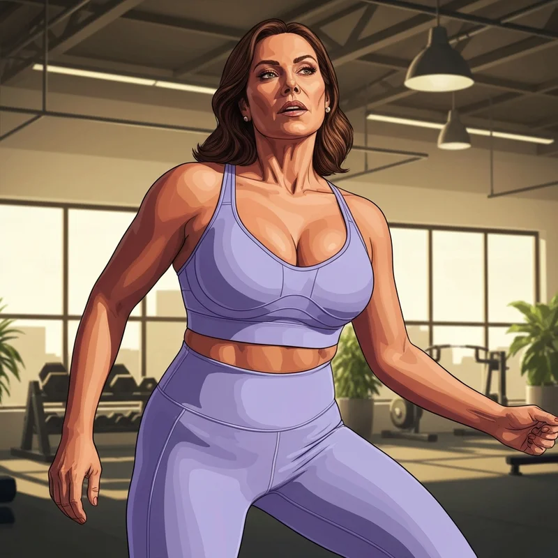 A woman wearing a high-performance sports bra plus size for a high-impact workout in a sun-drenched gym.