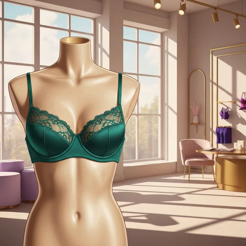 A high-quality emerald green big cup bra displayed in a luxury boutique, showcasing supportive construction and elegant lace.