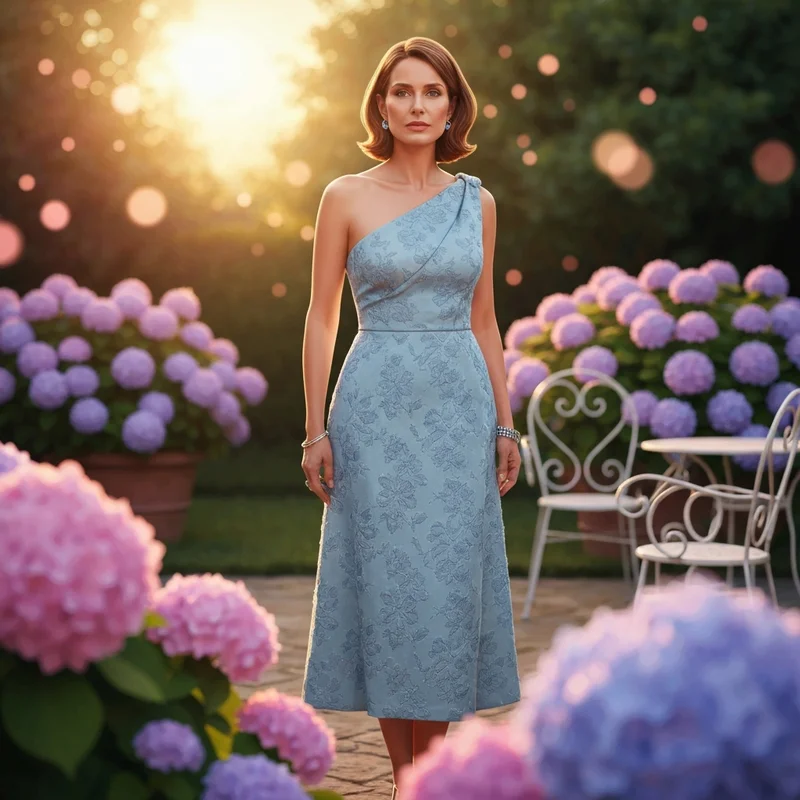 A woman wearing a stylish textured dress from a collection of midi dusty blue dresses for wedding guest in a garden setting.