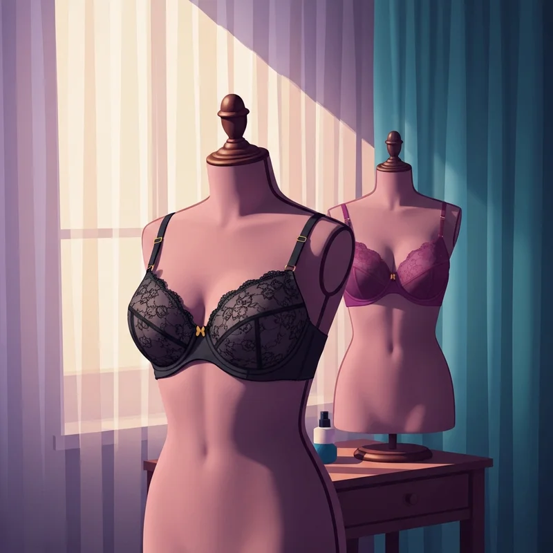 A luxury black lace 42dd bra displayed on a velvet mannequin in a sunlit room.