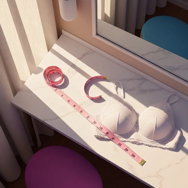 A woman preparing for her 30b bra measurement with a silk tape measure and lace lingerie on a vanity.