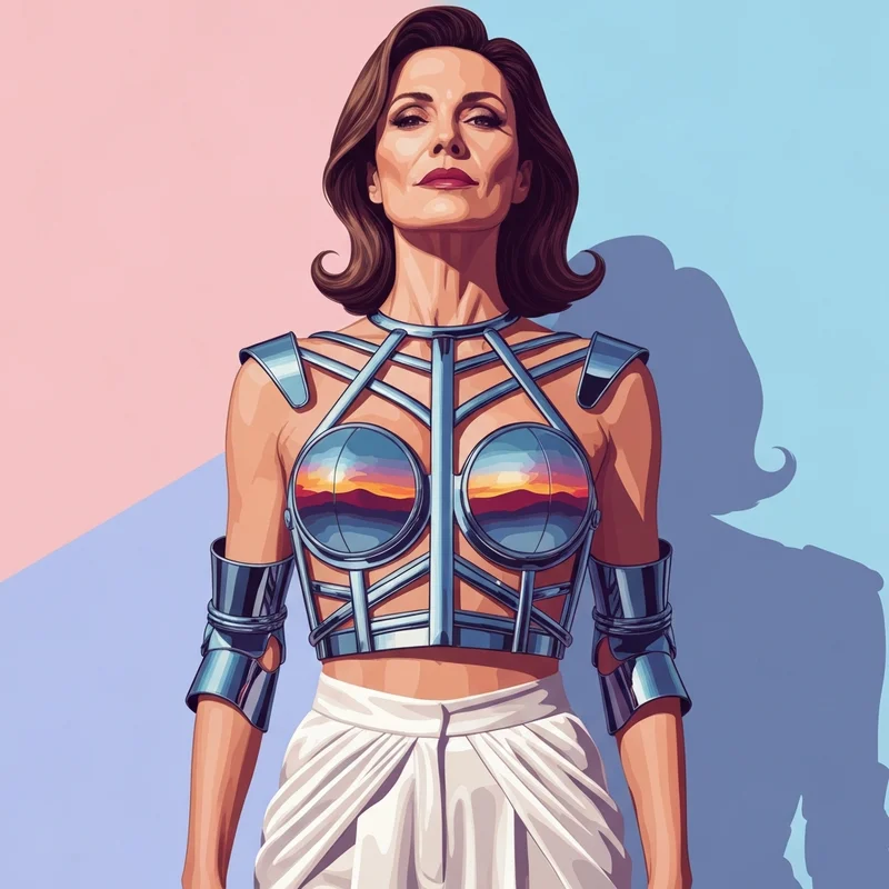 A woman wearing a high-fashion chrome metal bra as part of a warrior goddess festival look.