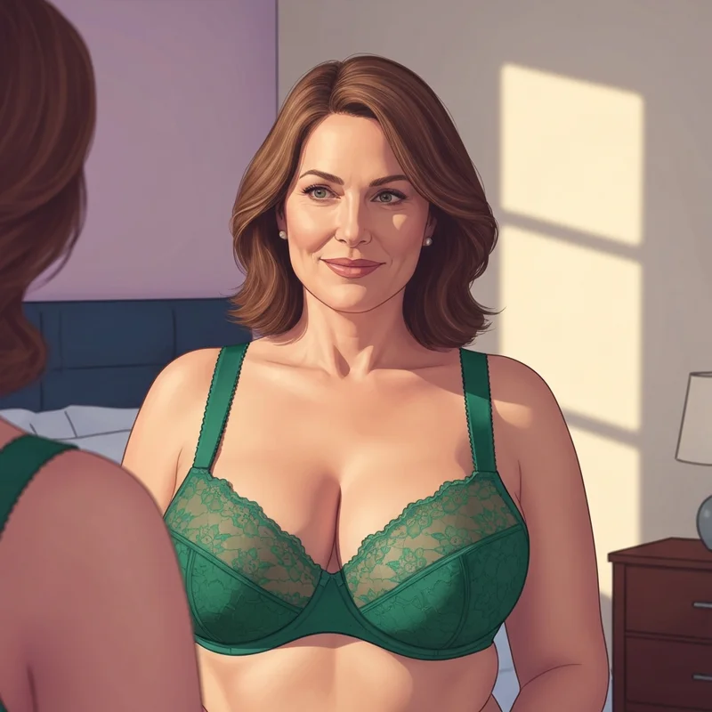 A woman wearing a stylish and supportive k size bra with emerald green lace and high-performance structural features.