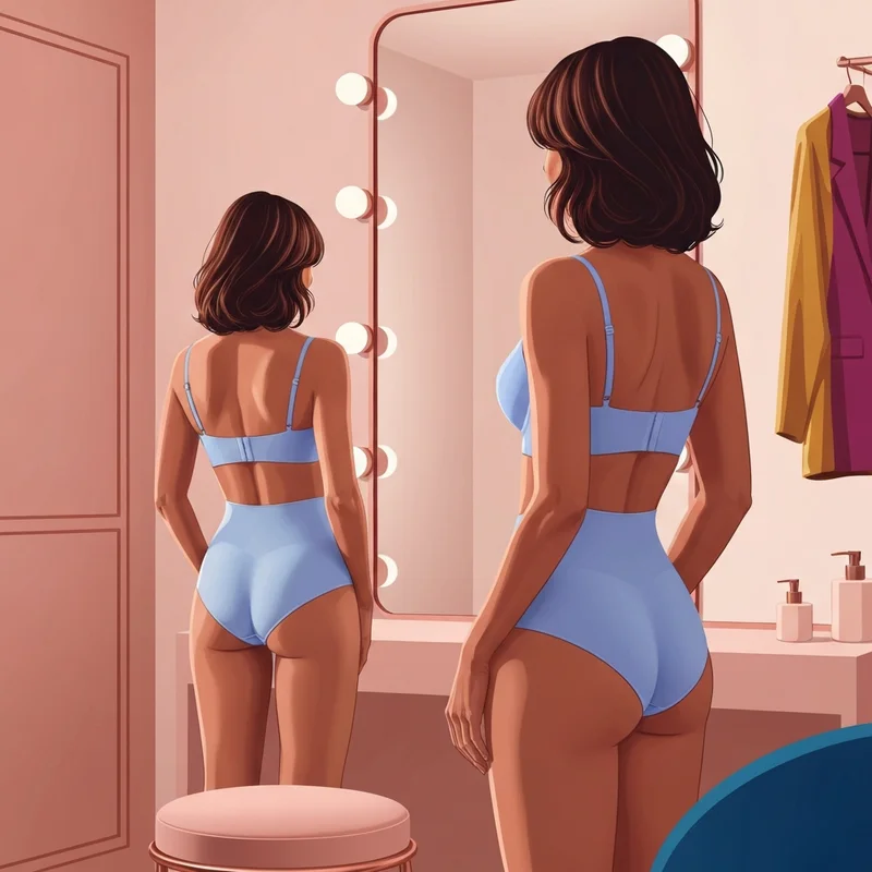 A woman wearing padded butt shapewear to achieve a confident and smooth silhouette in a modern dressing room.