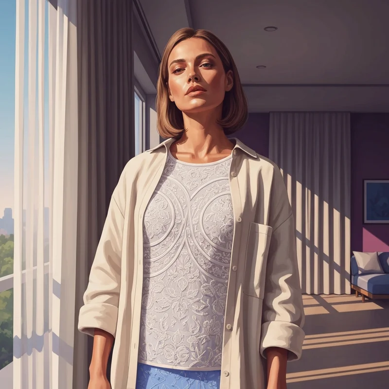 A young woman styling a lacy bra top in a bright, modern apartment setting to showcase a confident and romantic aesthetic.