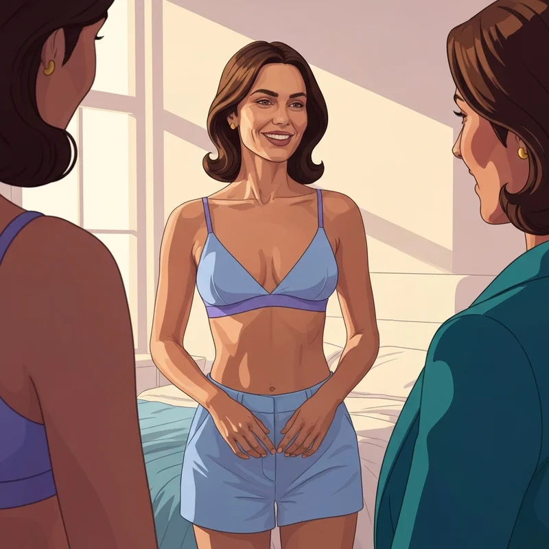 A confident young woman wearing a perfectly fitted small boob bra in a high-fashion setting.