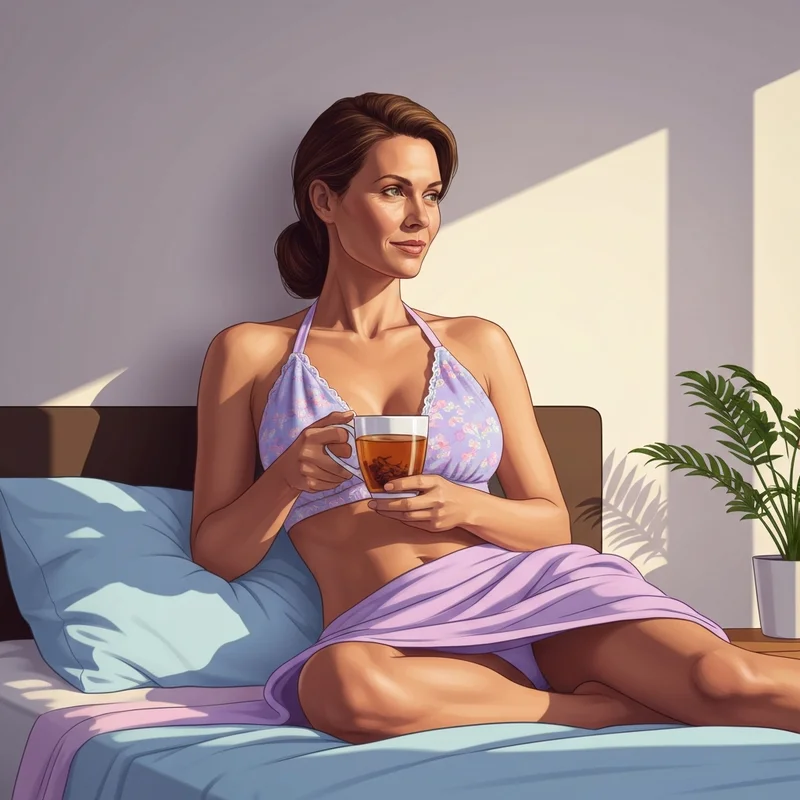 A woman relaxing at home wearing a comfortable, moisture-wicking tata towel bra for underboob sweat relief.