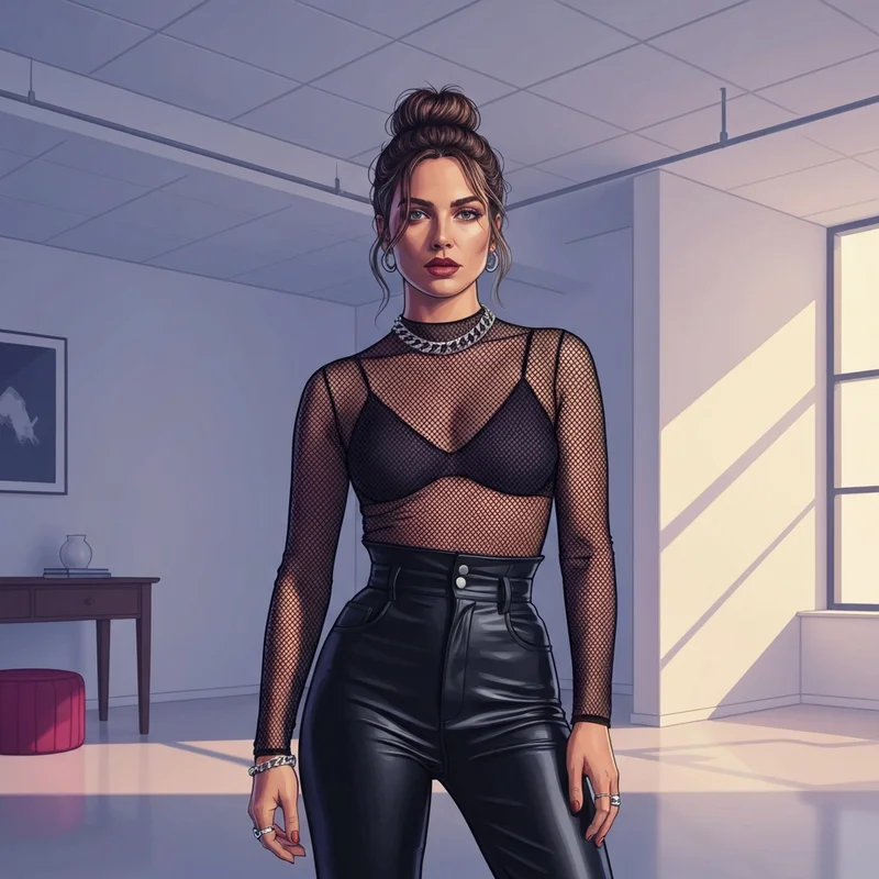 A stylish woman modeling a dazy mesh top without bra in an urban setting.