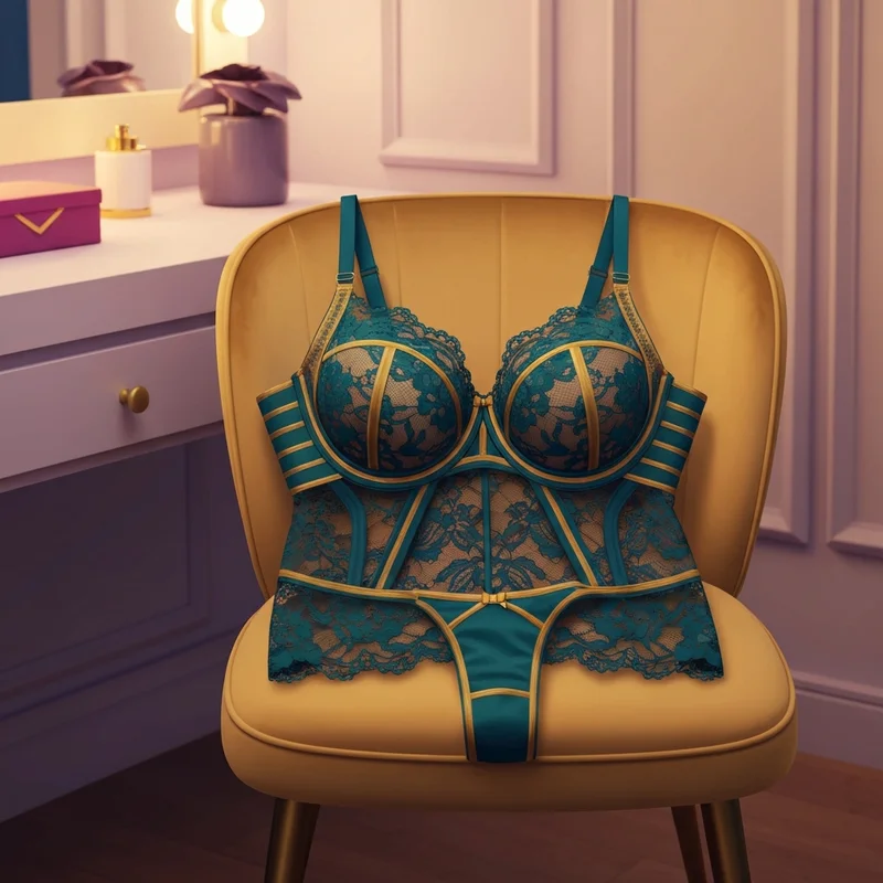 A high-fashion, supportive L cup bra displayed in a luxury dressing room setting.