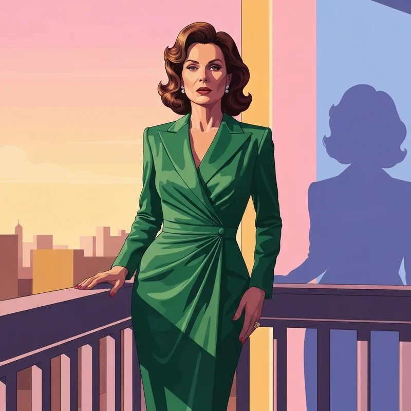 A sophisticated woman with a classic hourglass figure and Scarlett Johansson bra cup size aesthetic wearing a green silk gown.