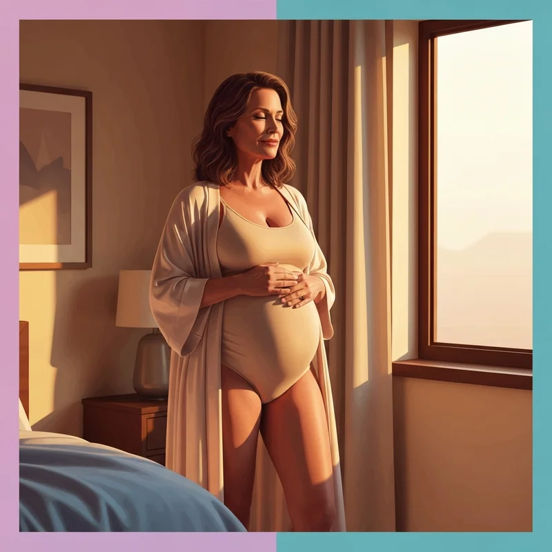 A woman wearing supportive shapewear in pregnancy to smooth her B-belly while standing in a sunlit room.