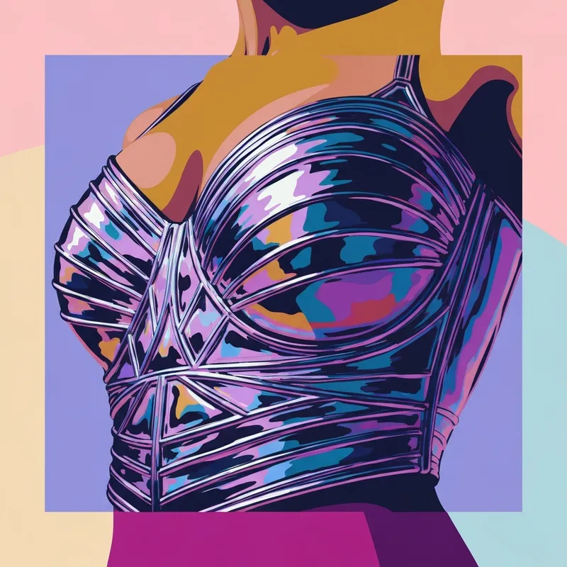 A woman wearing a shimmering metallic bra as part of a futuristic high-fashion outfit.