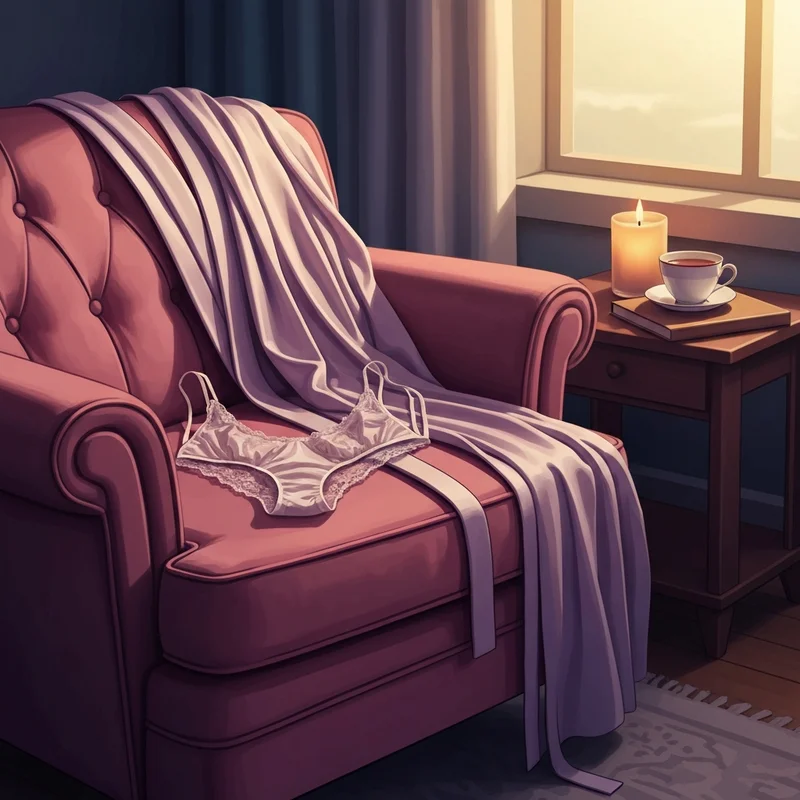 A peaceful evening scene in a cozy bedroom representing the physical and emotional relief of taking bra off.