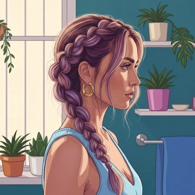 A woman showcasing easy cute braid hairstyles in a brightly lit aesthetic bathroom