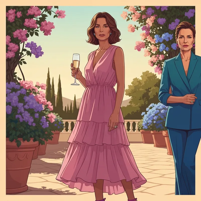 A woman wearing one of the best midi pink dresses for wedding guests at a garden reception.