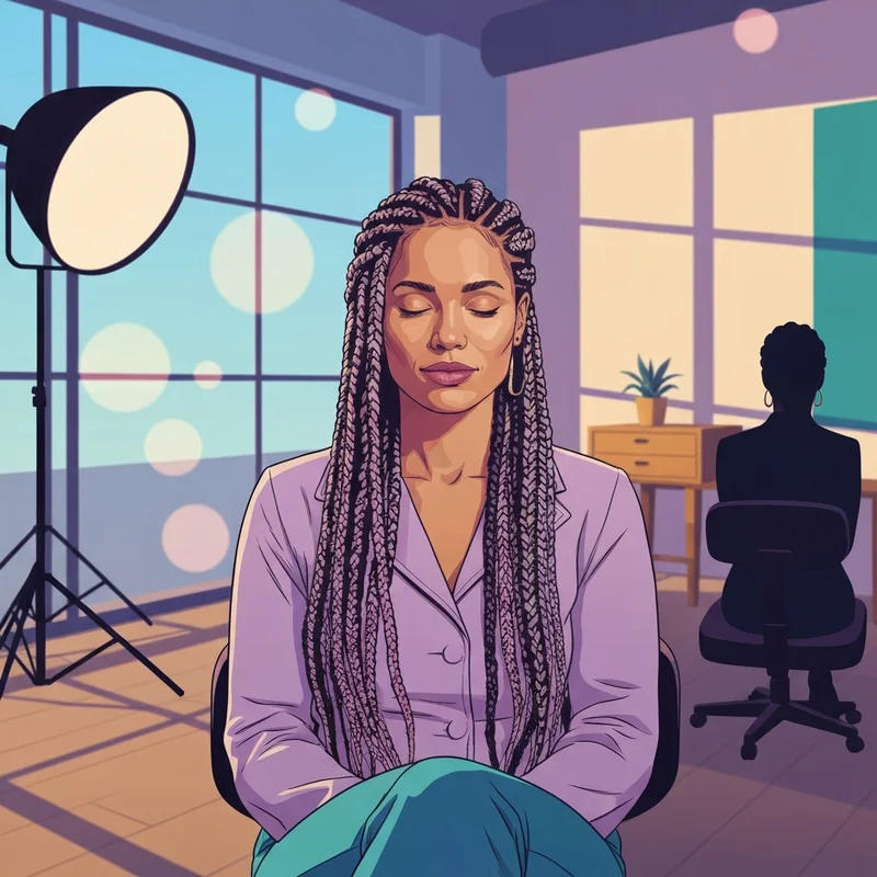 A woman enjoying her transformation at a professional braid salon with flawless long braids.