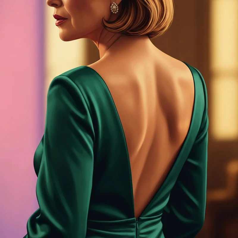 A woman wearing an elegant emerald gown that requires a bra for strapless dress with low back for perfect invisible support.