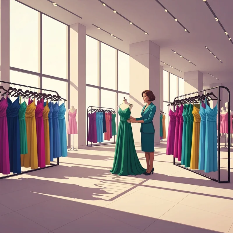 A woman browsing the macys wedding dresses for guests collection in a brightly lit department store.