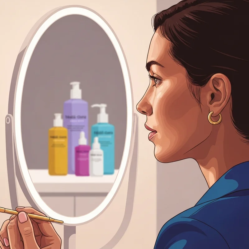 A woman looking at her smooth forehead in a mirror, wondering how does botox work for preventative aging.