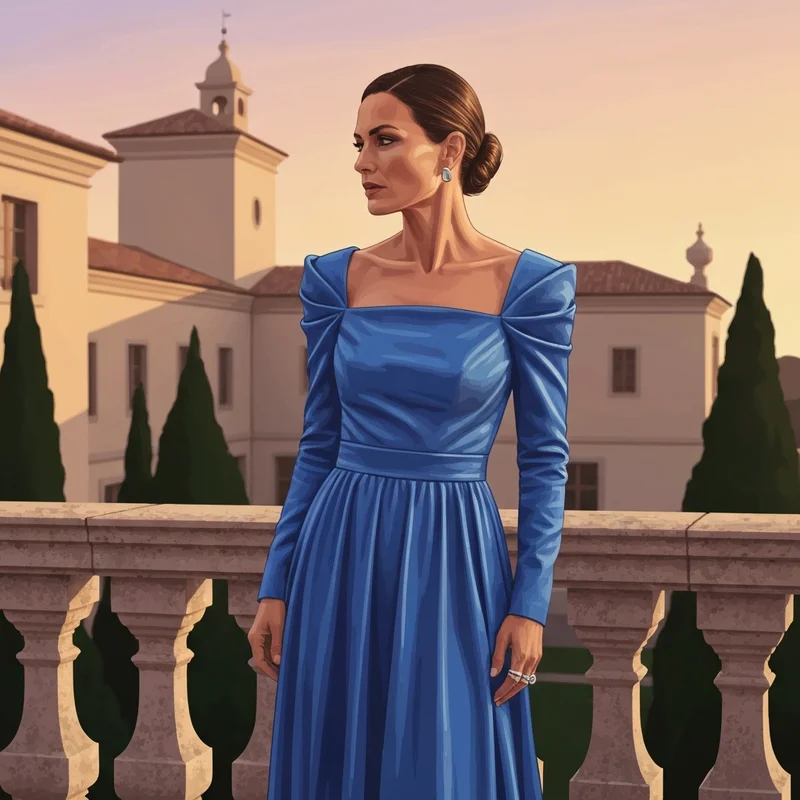 A woman wearing a stylish long sleeve blue wedding guest dress at a sunset wedding venue.