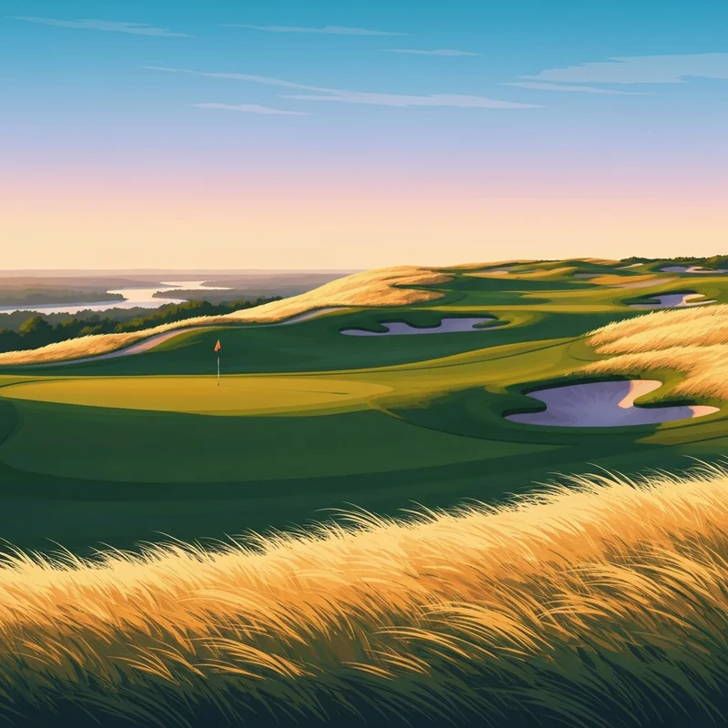 A beautiful panoramic view of the stoatin brae golf course during golden hour showing the links-style layout and high elevation.