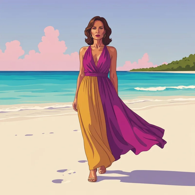 A woman wearing a stylish mexico destination wedding guest dress on a tropical beach at sunset.