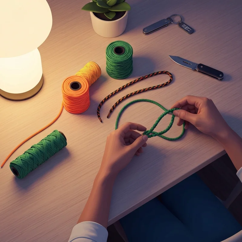 A close-up of hands learning how to braid paracord into a tactical accessory on a wooden desk.