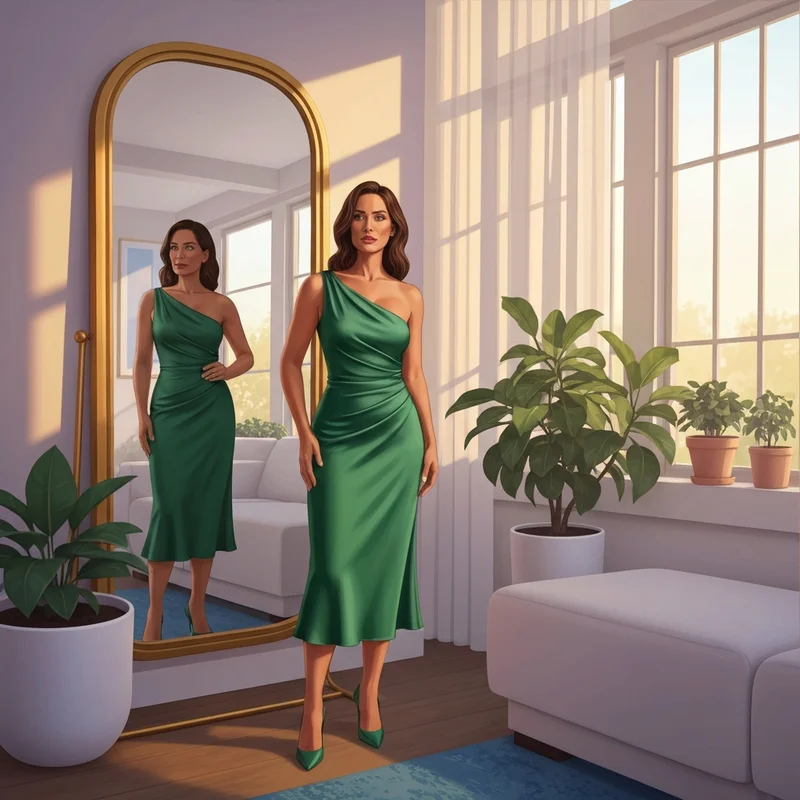 A woman wearing a stunning green semi formal wedding guest dress in a modern apartment.