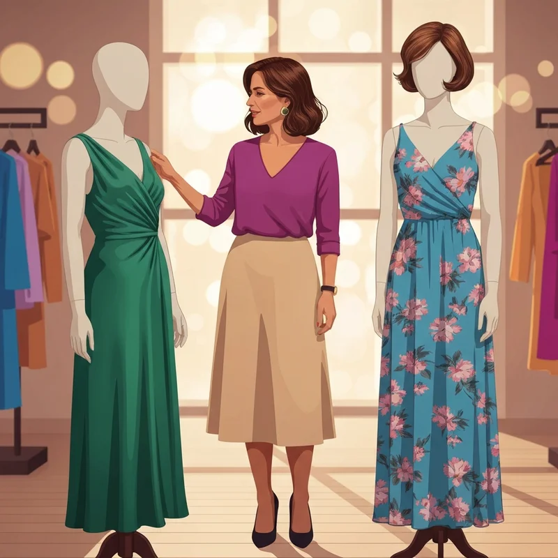 A woman choosing between a midi or maxi dress for wedding guest attendance in a luxury boutique.