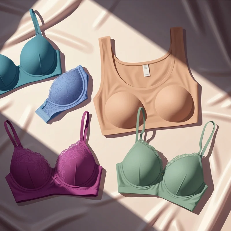 A collection of different bra kinds including T-shirt and lace styles arranged on silk.