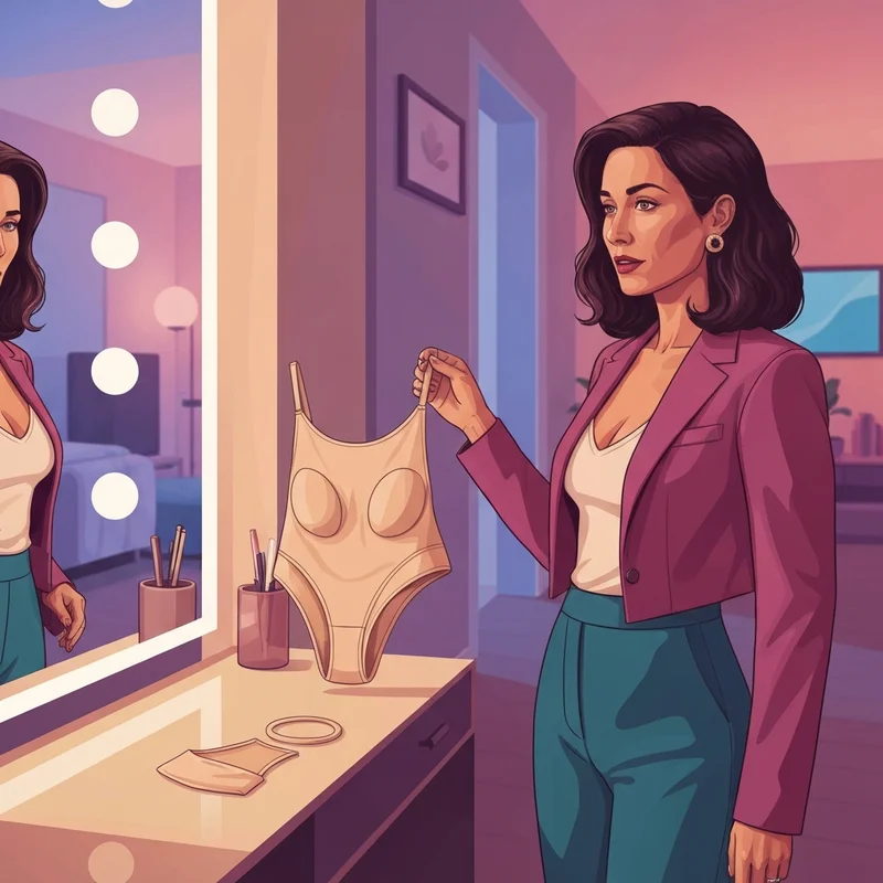 A woman learning how do you make a strapless bra using a regular bra hack in front of a mirror.