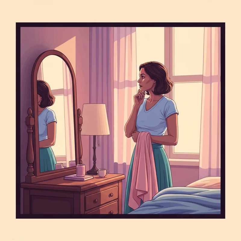 A young woman exploring what is the normal size of bra in a peaceful bedroom setting.