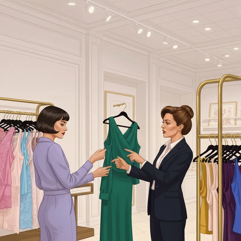 A young woman shopping for a bra en espanol in a high-end Spanish boutique.