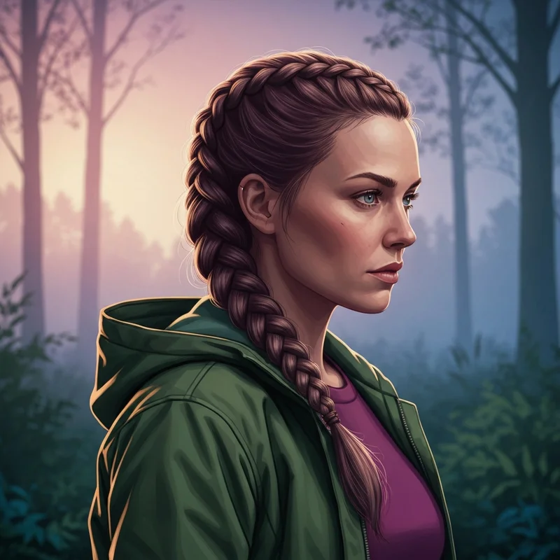 A young woman with a tactical Katniss braid standing in a forest, embodying the survivalist aesthetic.