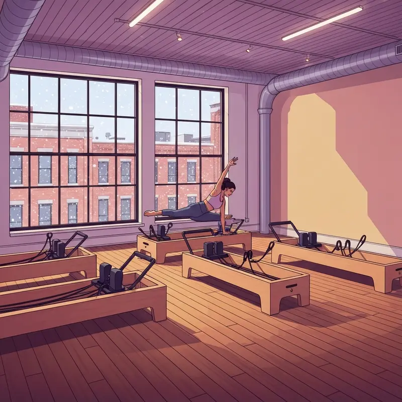 A peaceful boutique studio for pilates buffalo ny featuring reformer machines and a view of the snowy city through large windows.